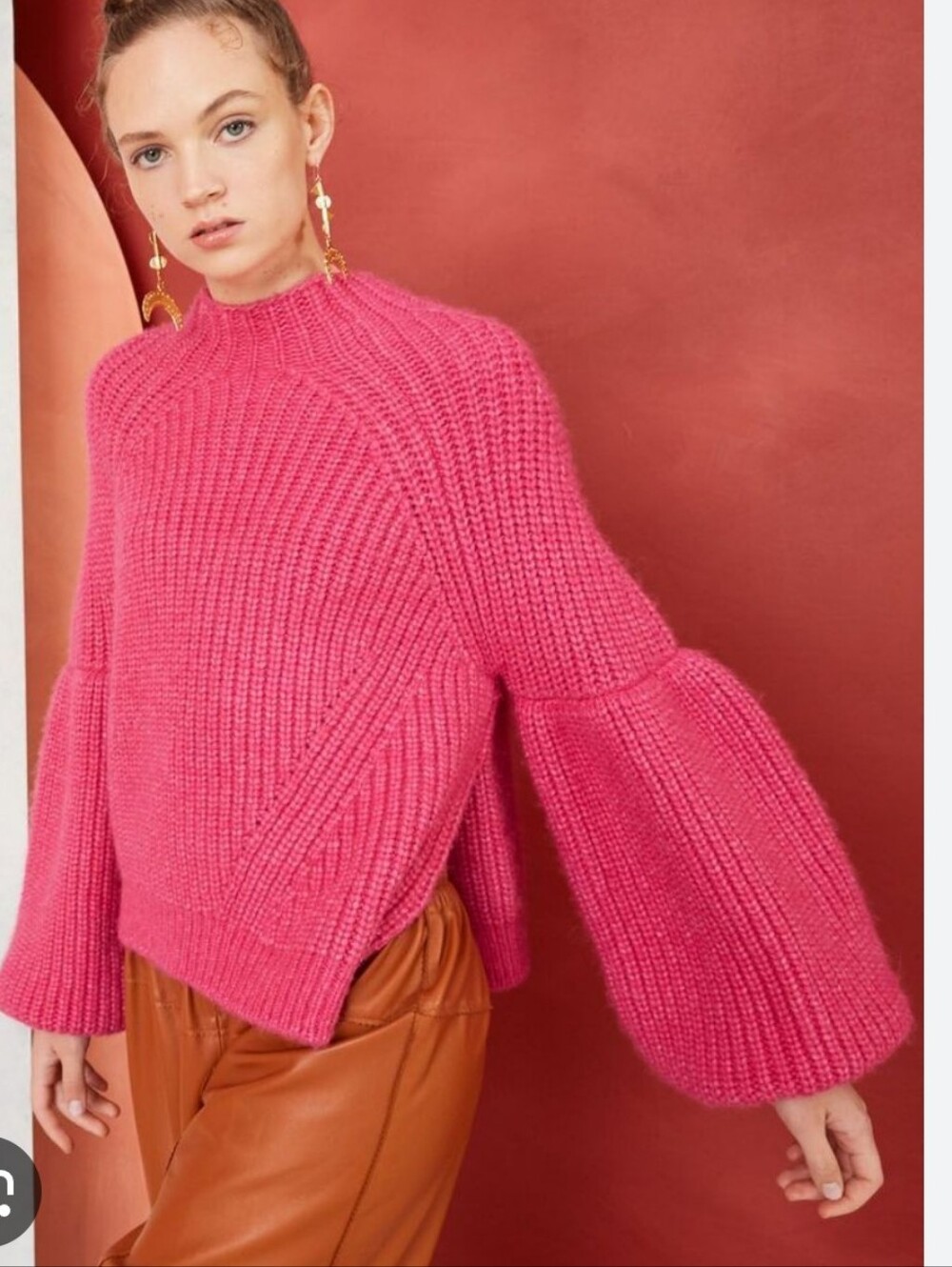 Ulla Johnson Wool Chunky Knit Sweater Hot Pink Mock Neck Balloon SleeveS Size S